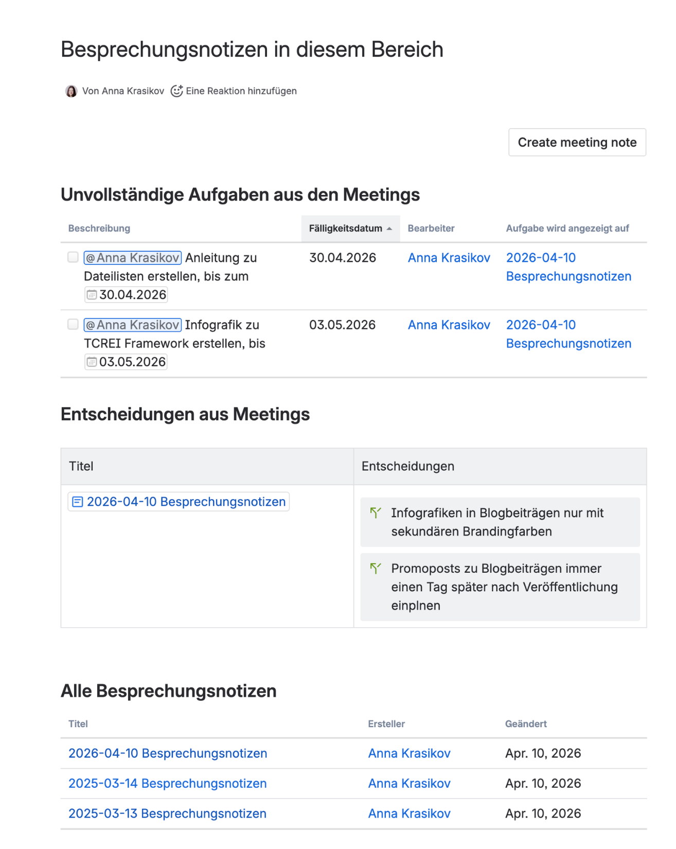 Confluence Übersichtsseite Besprechungsnotizen mit unvollständigen Aufgaben, Entscheidungen und einer Übersicht aller Protokolle