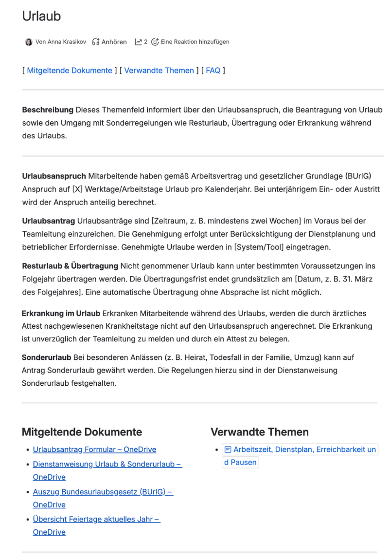 Screenshot einer Confluence-Seite zum Thema Urlaub mit Beschreibung, strukturierten Unterabschnitten und verlinkten Dokumenten aus OneDrive.