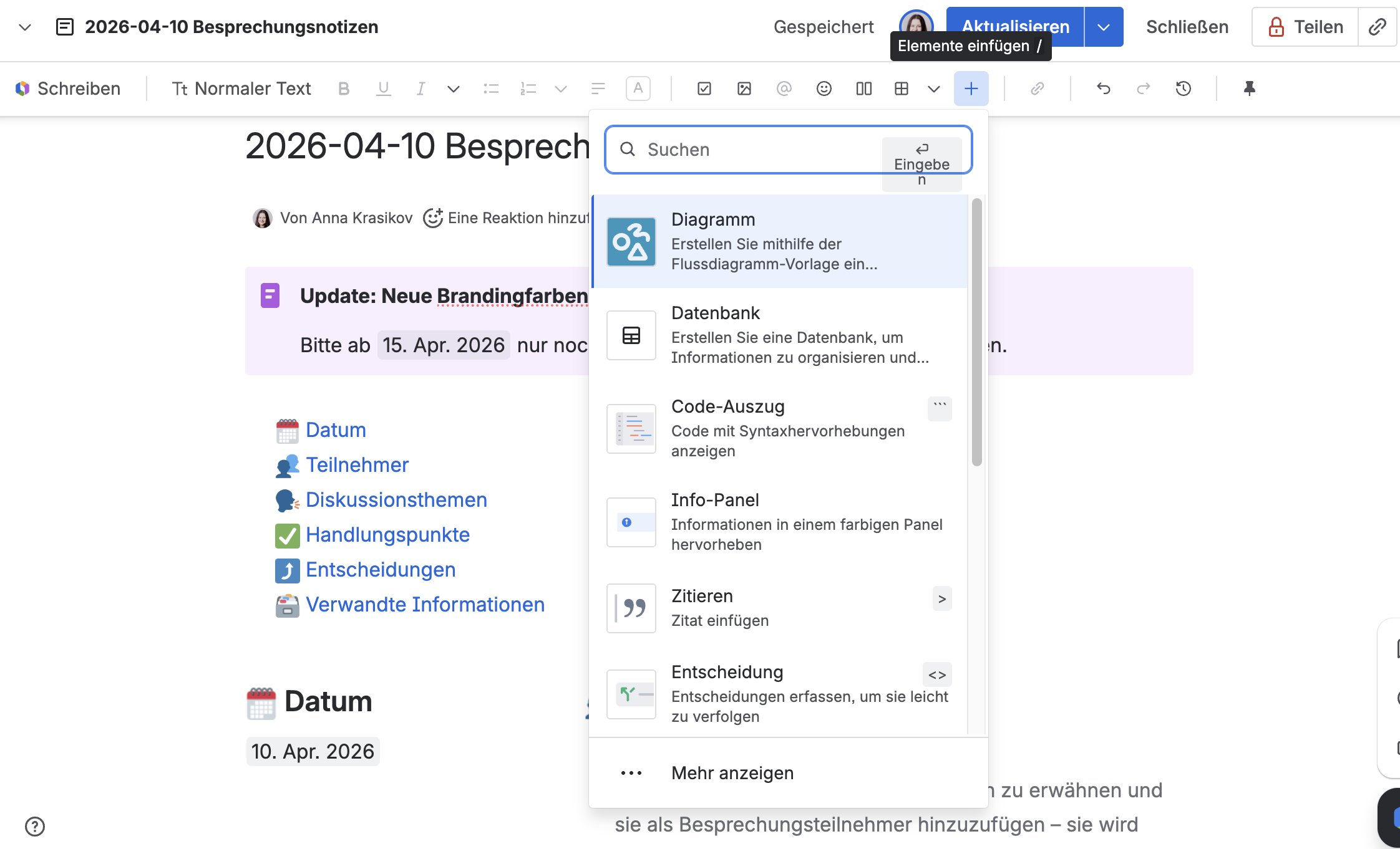 Confluence Editor mit geöffnetem Elemente-Menü und verfügbaren Elementen wie Info-Panel und Entscheidung