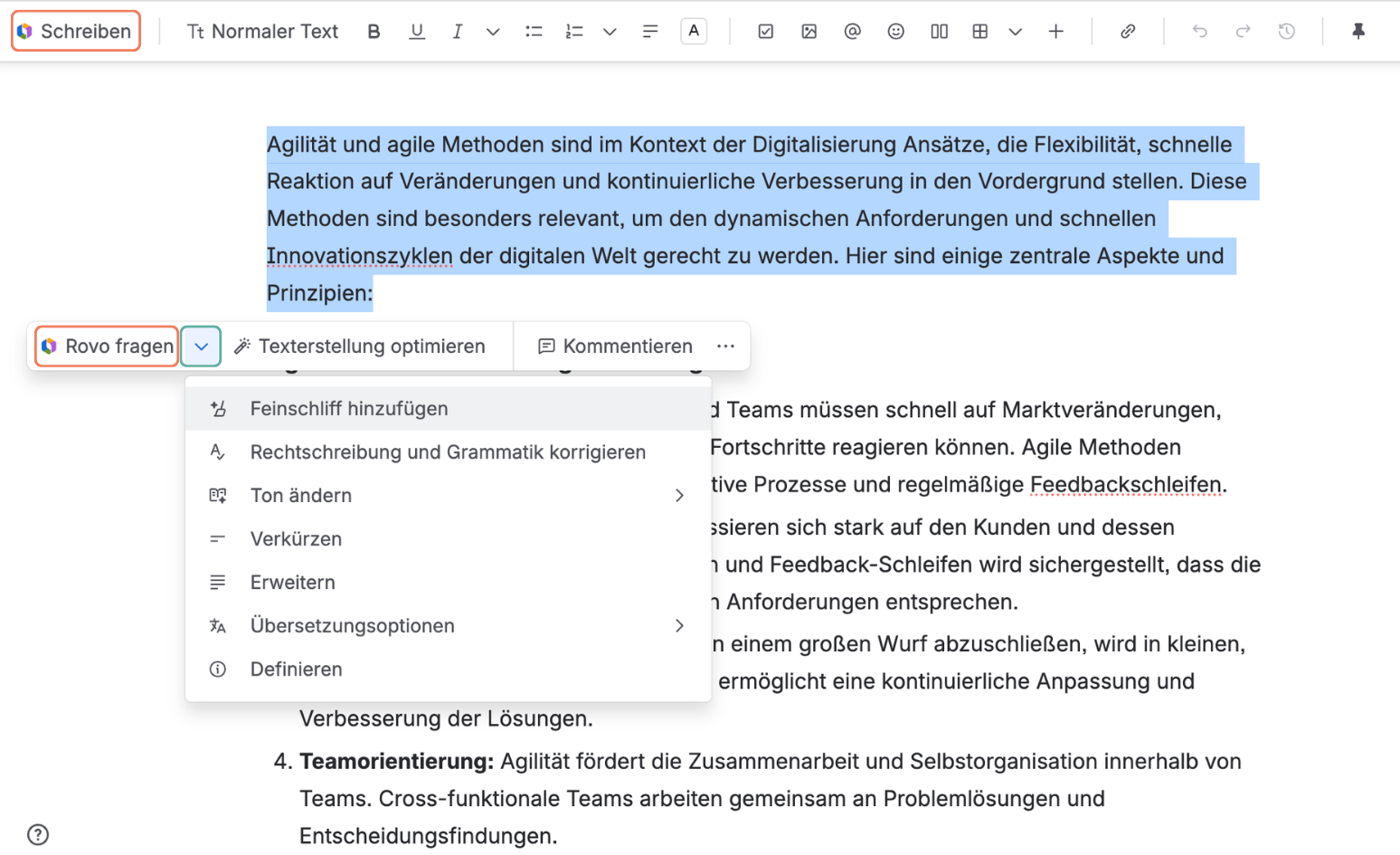 Confluence Editor mit markiertem Text und geöffneten Rovo KI-Optionen wie Texterstellung optimieren und Feinschliff hinzufügen